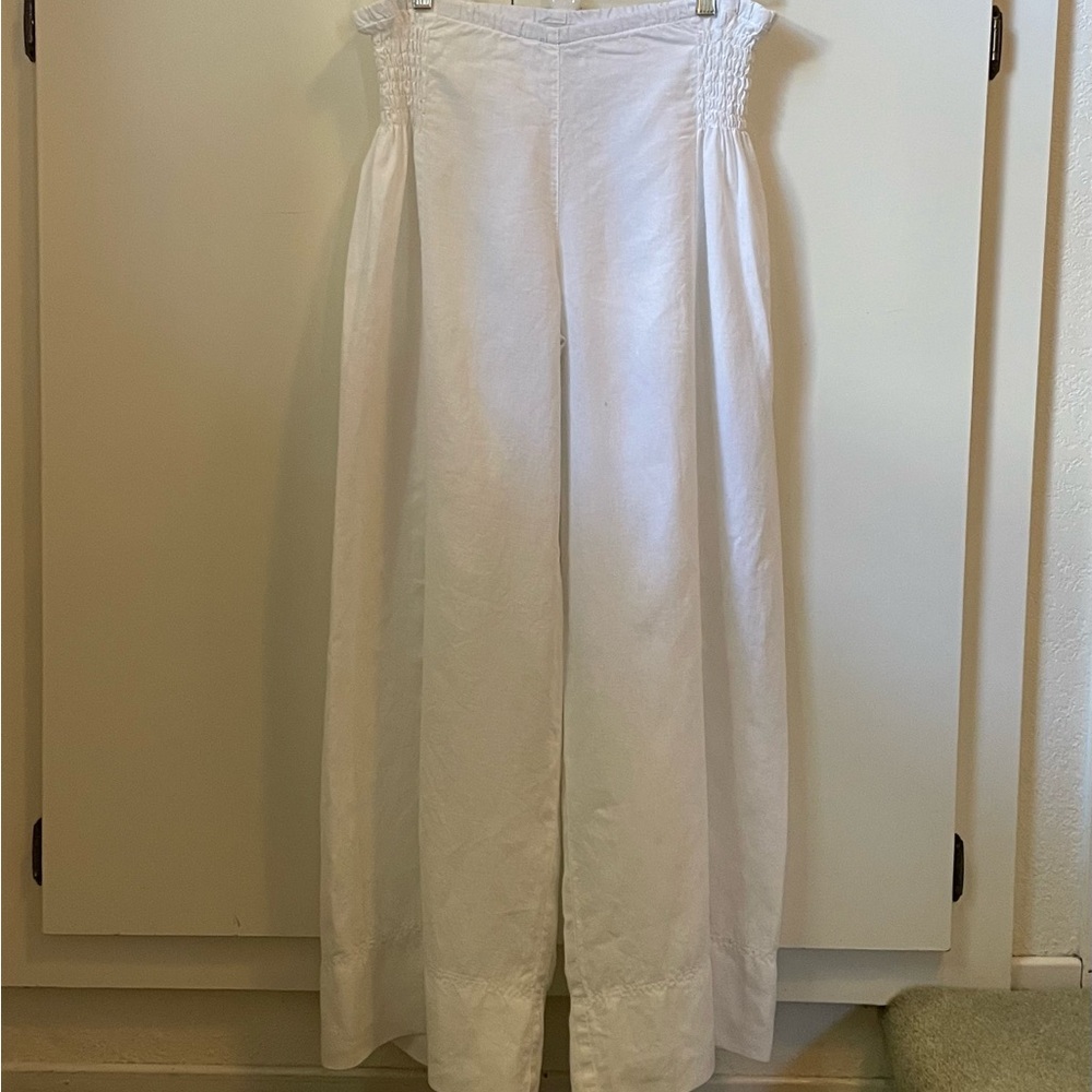 Wrap White Linen Wide-Leg Pants, Size 10
